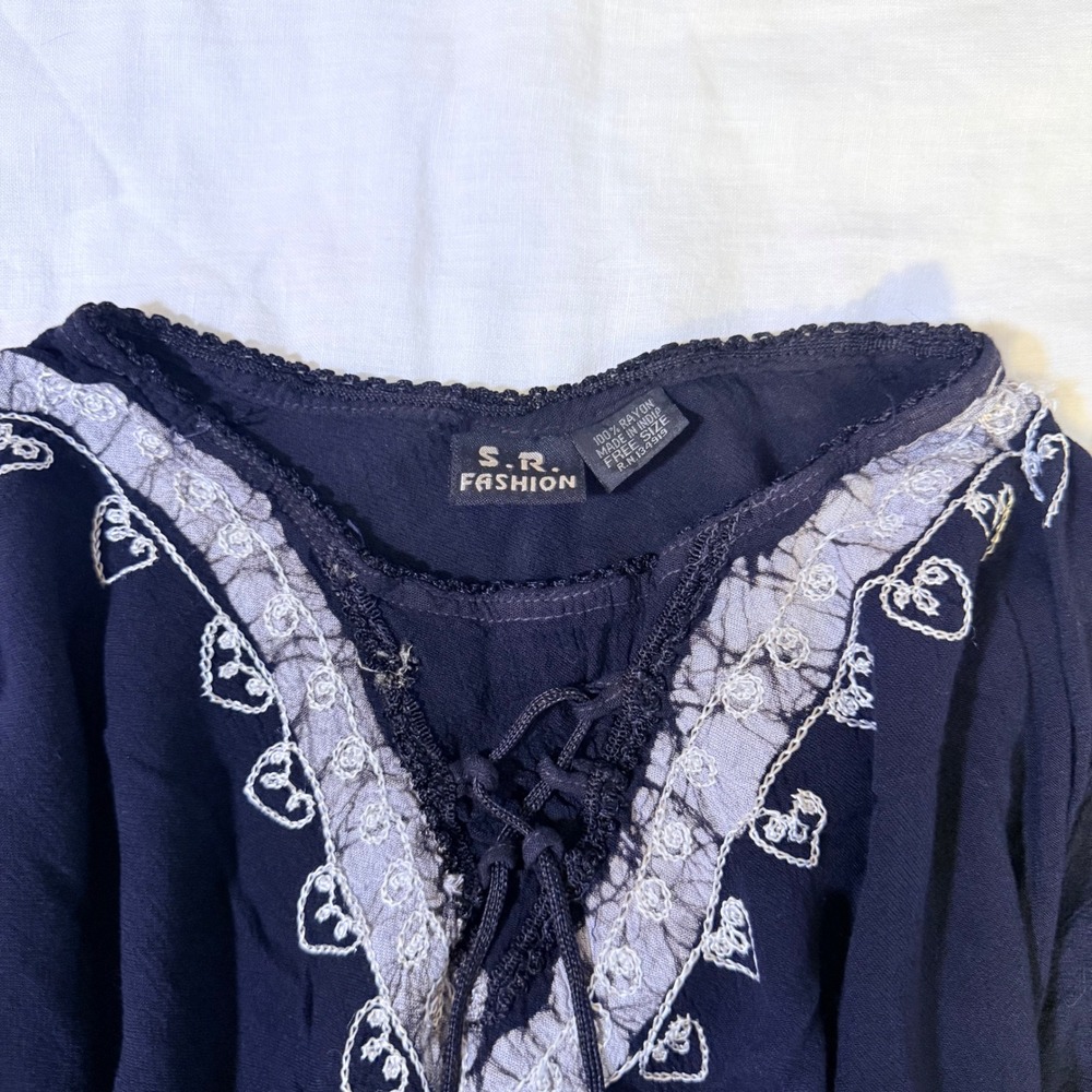 S.R. Fashion Black Boho Paisley Embroidered Batik Lace Up Tunic Top Free Size - Picture 2 of 5